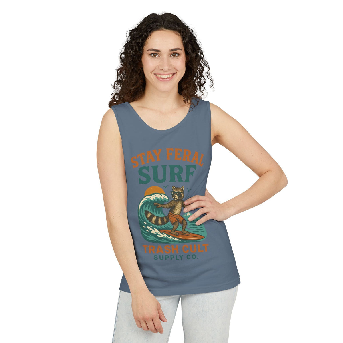 Stay Feral Surf Tank Top – Retro Raccoon Beach Tank – Trash Cult Supply Co – Comfort Colors 9360