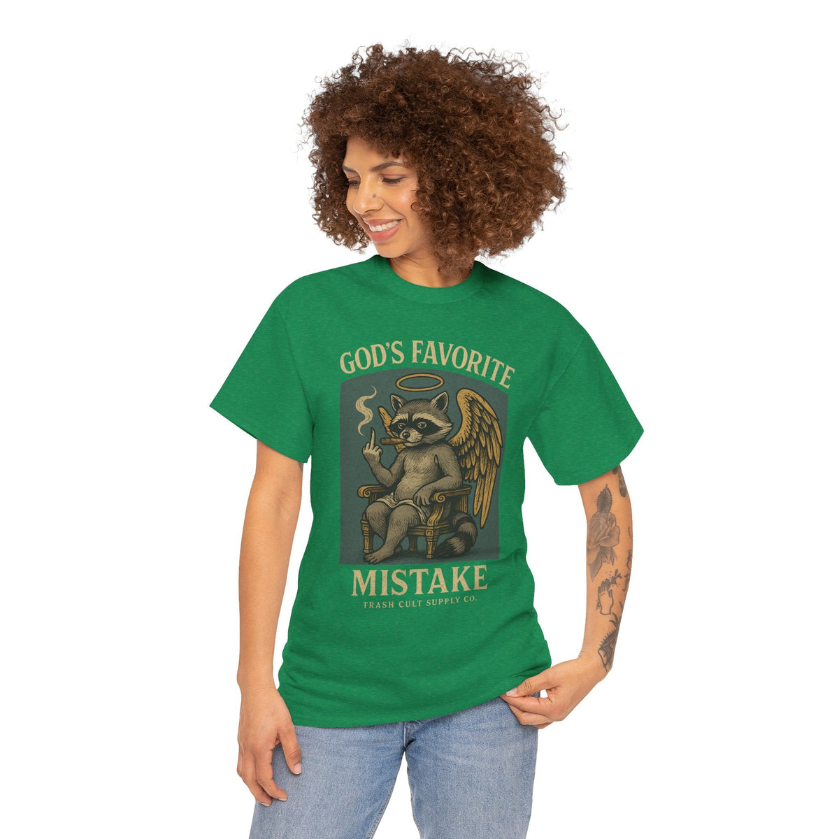 God’s Favorite Mistake Shirt – Raccoon Angel Flipping the Bird by Trash Cult Supply Co.