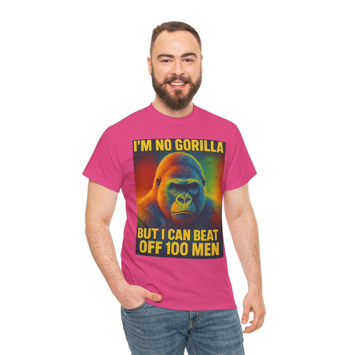 I’m No Gorilla But I Can Beat Off 100 Men Shirt – Multicolor Halftone Gorilla Tee on Gildan 5000