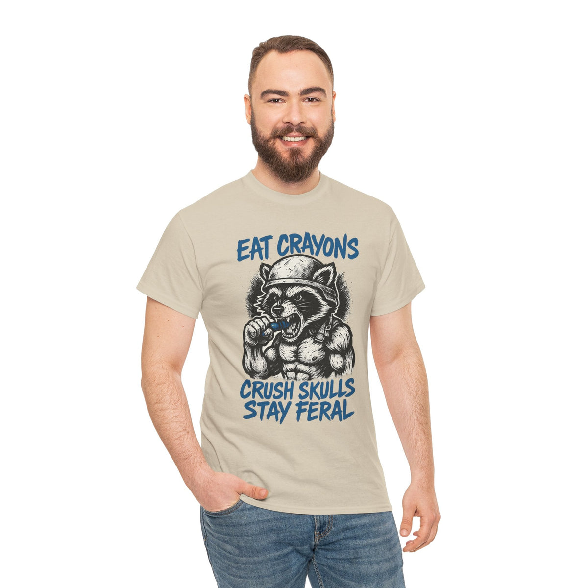 Eat Crayons Crush Skulls Stay Feral Military Raccoon Shirt – Gildan 5000