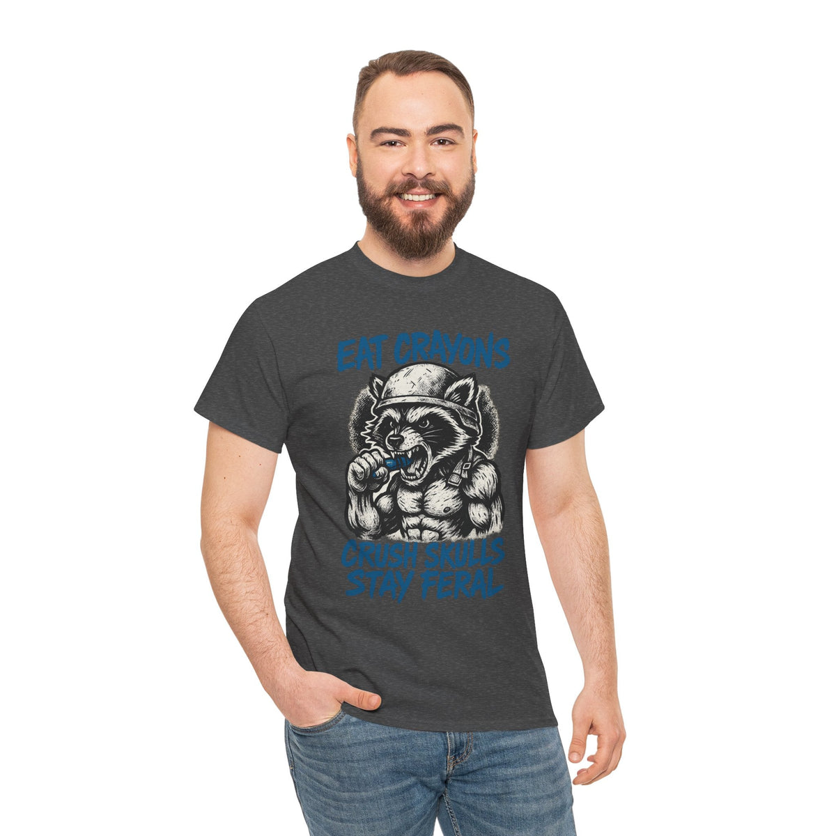 Eat Crayons Crush Skulls Stay Feral Military Raccoon Shirt – Gildan 5000