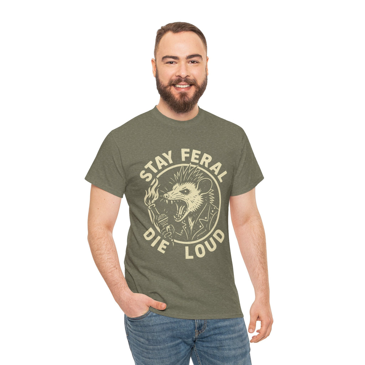 Stay Feral Die Loud Possum Punk Shirt – Trash Cult Supply Co – Gildan 5000 T-Shirt