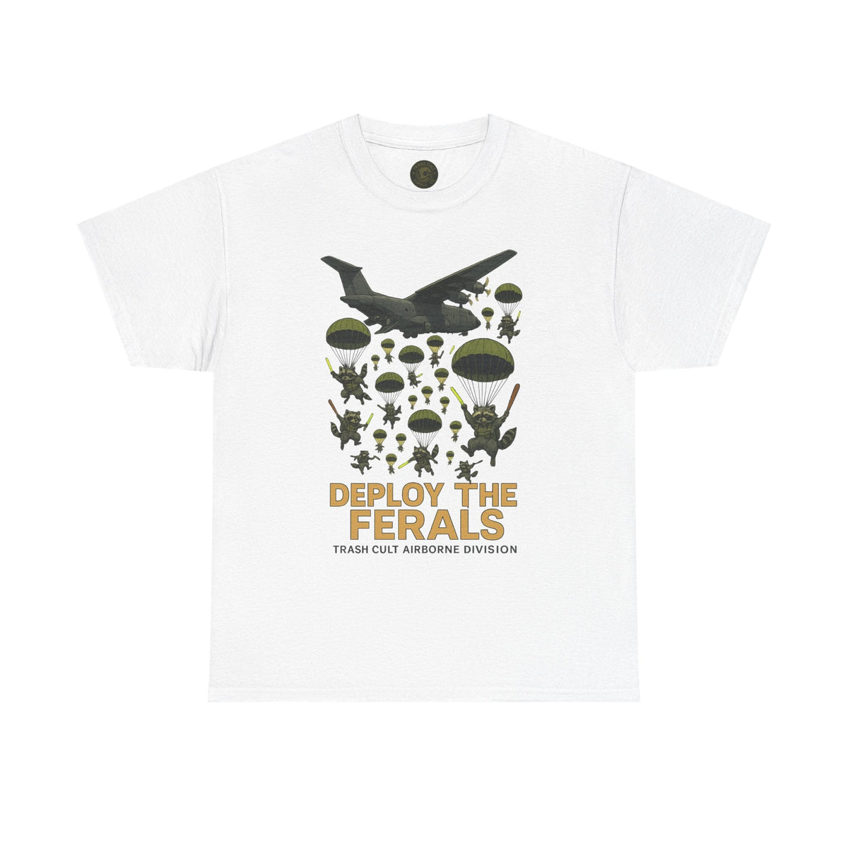 Deploy the Ferals T-Shirt – Airborne Raccoon Drop Graphic | Trash Cult Supply Co. | Gildan 5000 Heavy Cotton Tee
