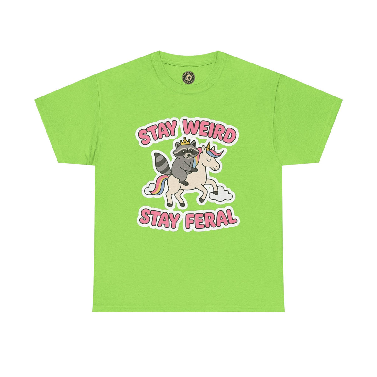 Stay Weird Stay Feral Shirt – Raccoon & Unicorn – High Visibility Gildan 5000 Tee