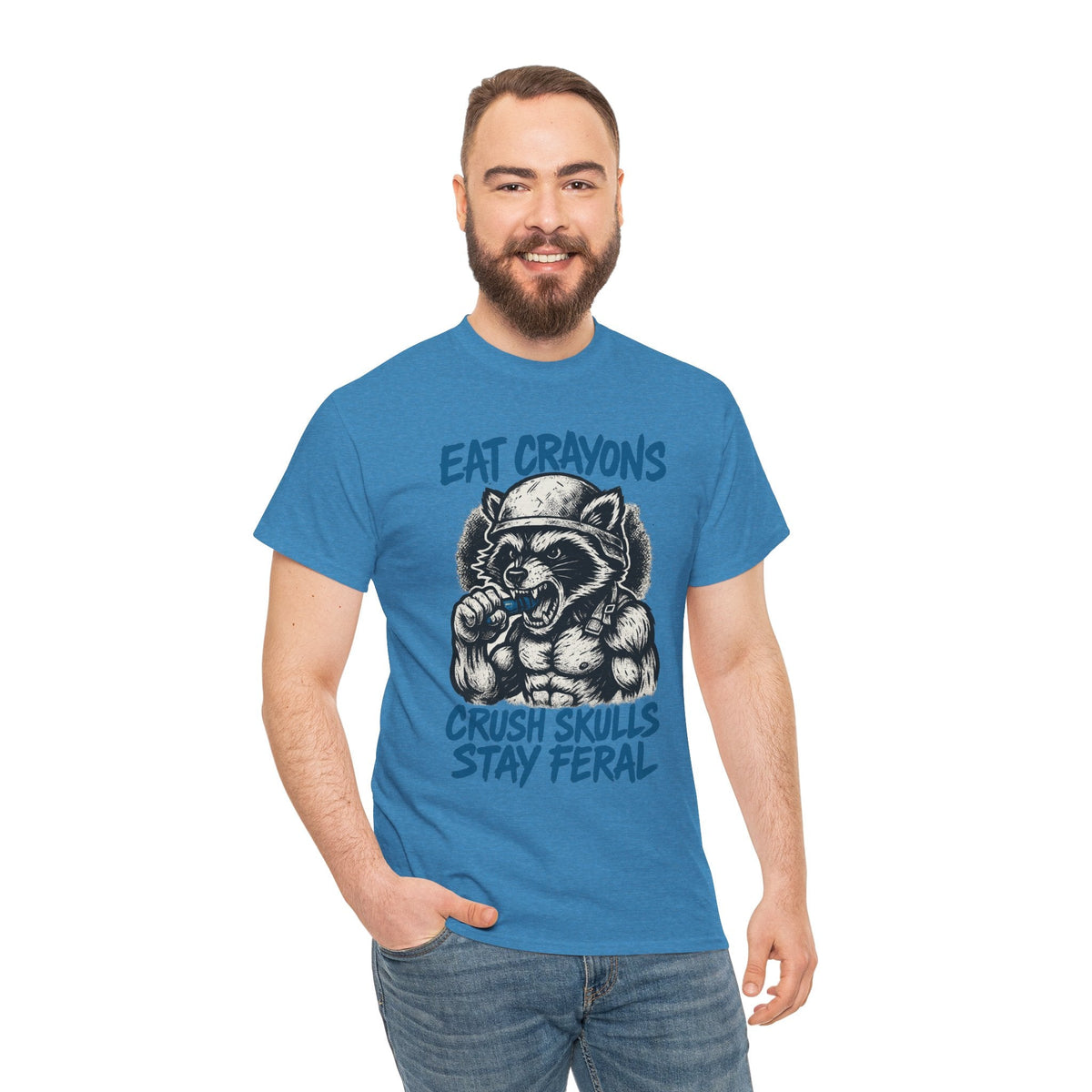 Eat Crayons Crush Skulls Stay Feral Military Raccoon Shirt – Gildan 5000