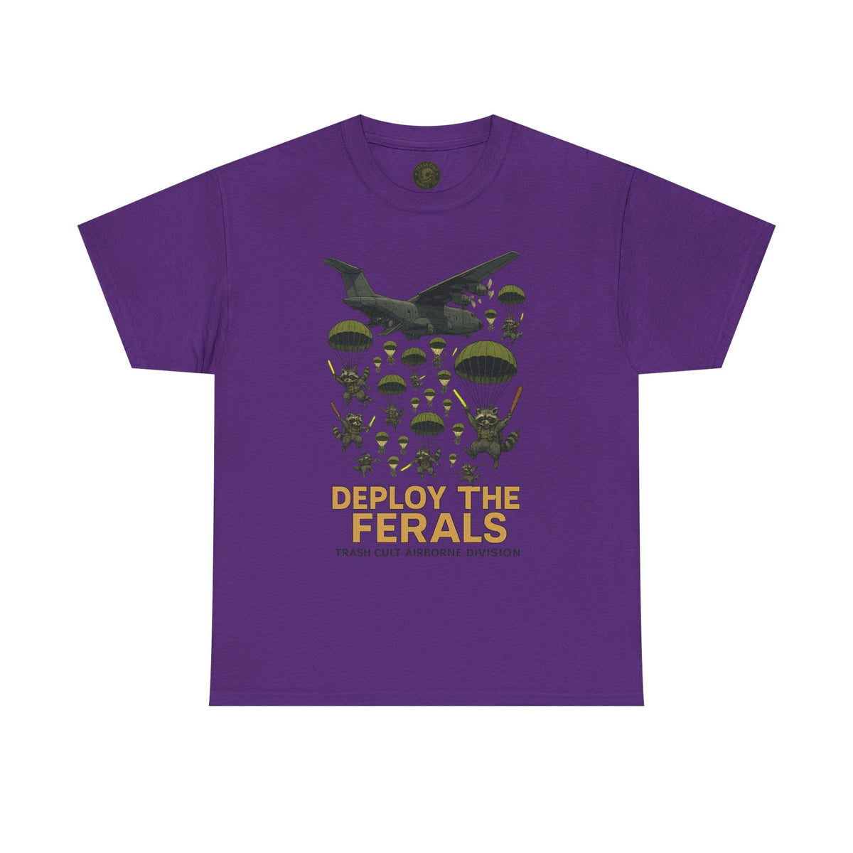 Deploy the Ferals T-Shirt – Airborne Raccoon Drop Graphic | Trash Cult Supply Co. | Gildan 5000 Heavy Cotton Tee