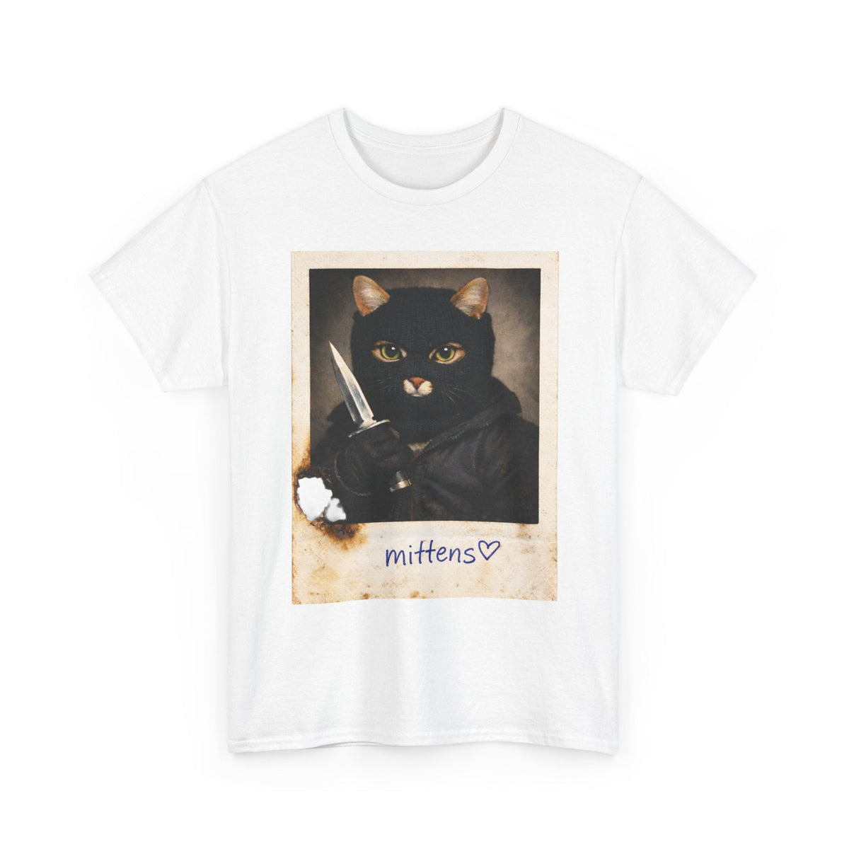 Cat With Knife Tee — "Mittens" Dark Humor Vintage Polaroid Graphic T-Shirt