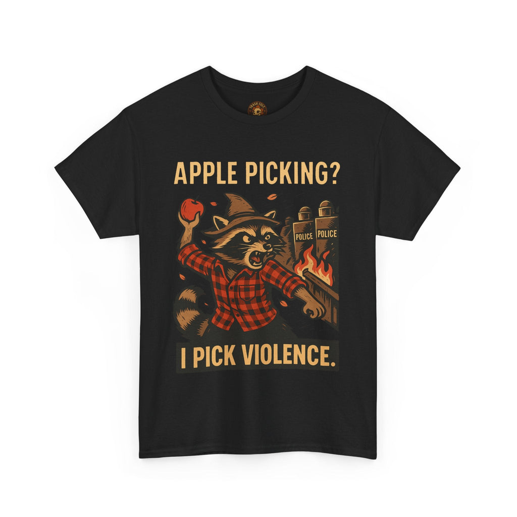 Apple Picking? I Pick Violence Shirt – Angry Raccoon Riot Tee – Fall of Humanity Collection – Trash Cult Supply Co.