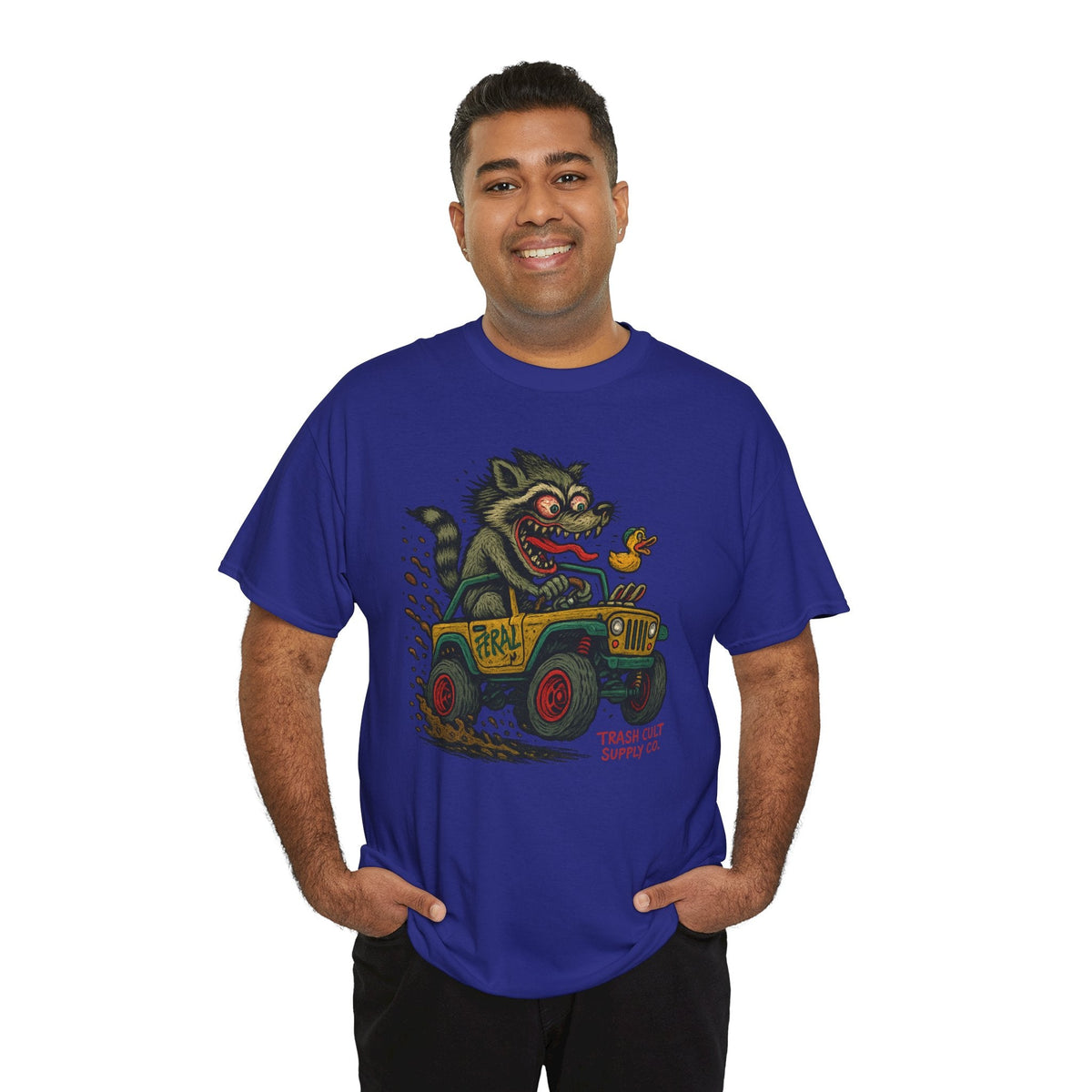 Feral Jeep Raccoon Shirt – Ed Roth Style Off-Road Chaos | Trash Cult Supply Co | Gildan 5000 Tee