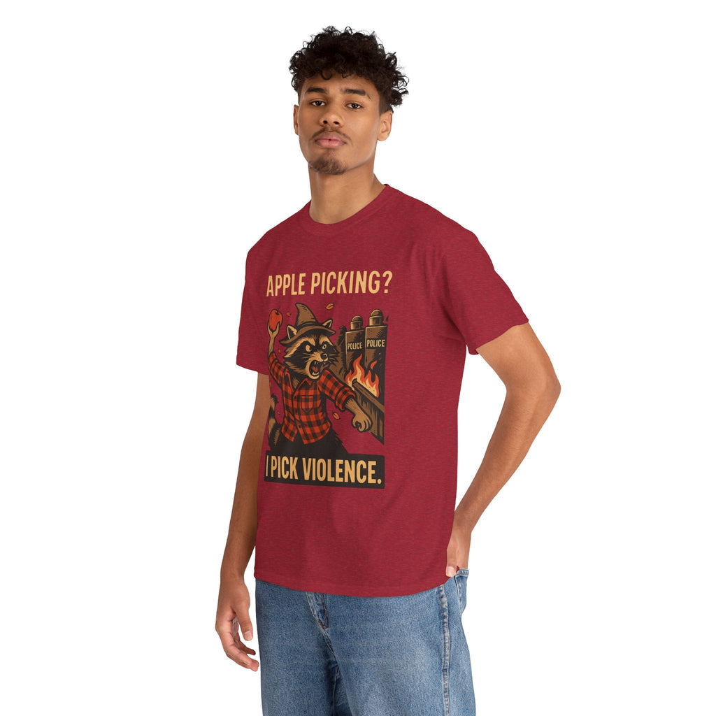 Apple Picking? I Pick Violence Shirt – Angry Raccoon Riot Tee – Fall of Humanity Collection – Trash Cult Supply Co.