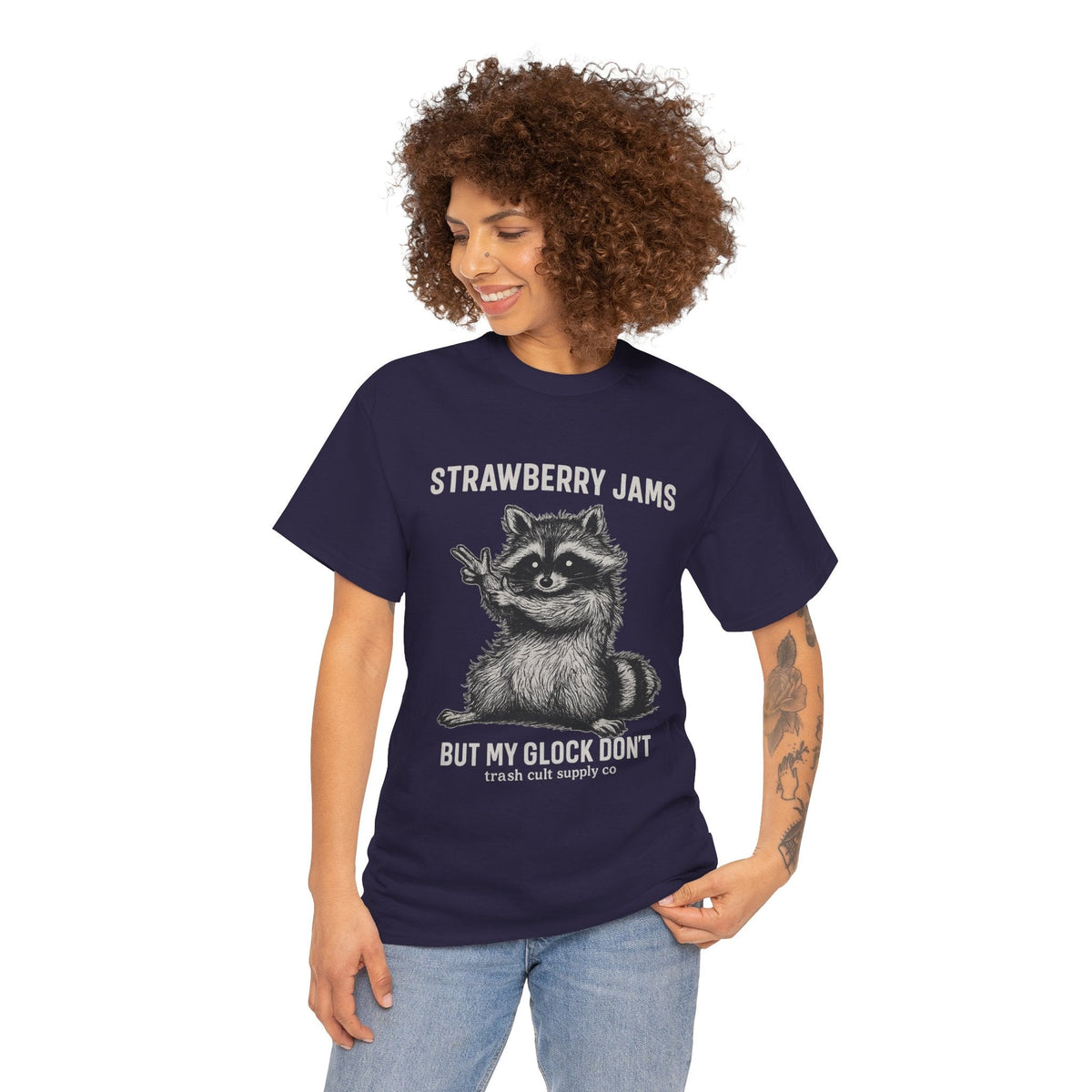 Strawberry Jams But My Glock Don’t Raccoon Shirt – Trash Cult Supply Co. Gildan 5000 Tee