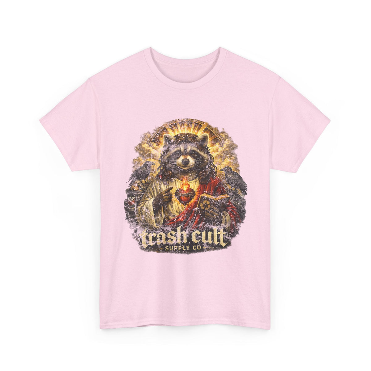 Raccoon Saint Graphic Tee — “Trash Cult” Vintage Devotional Design
