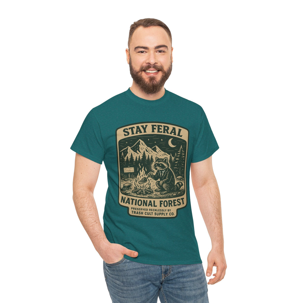 Stay Feral National Forest Shirt – Vintage Raccoon Camping Tee – Trash Cult Supply Co – Gildan 5000