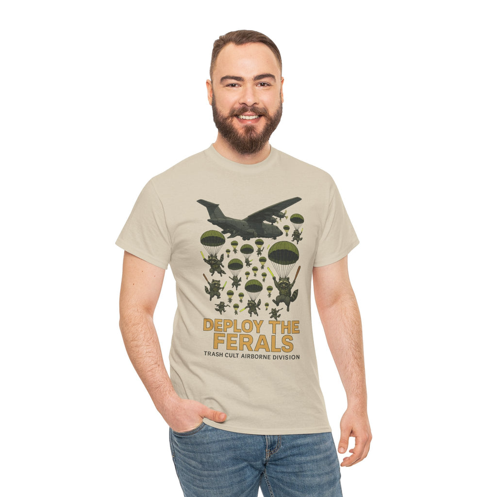 Deploy the Ferals T-Shirt – Airborne Raccoon Drop Graphic | Trash Cult Supply Co. | Gildan 5000 Heavy Cotton Tee