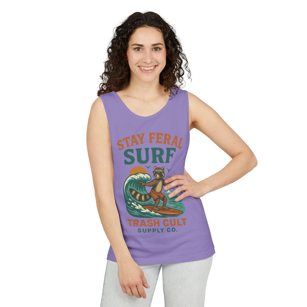 Stay Feral Surf Tank Top – Retro Raccoon Beach Tank – Trash Cult Supply Co – Comfort Colors 9360