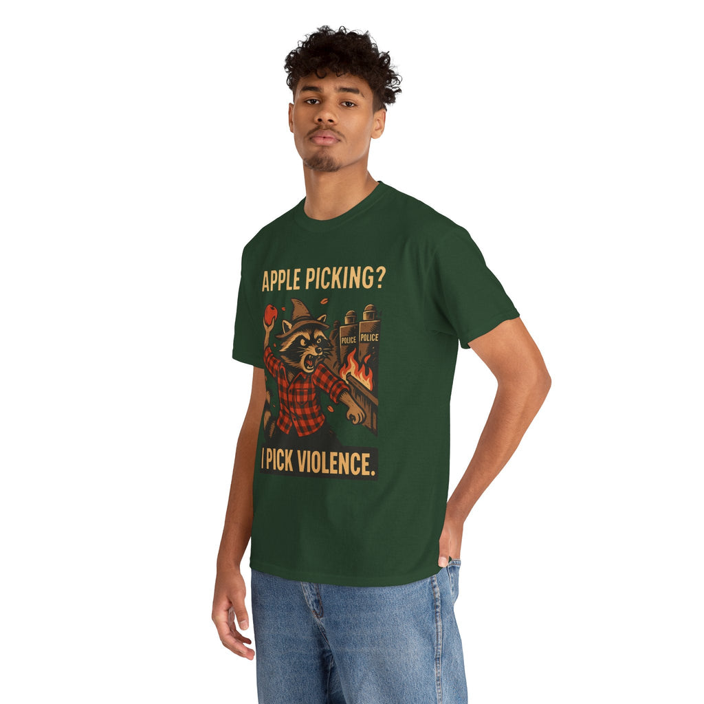 Apple Picking? I Pick Violence Shirt – Angry Raccoon Riot Tee – Fall of Humanity Collection – Trash Cult Supply Co.