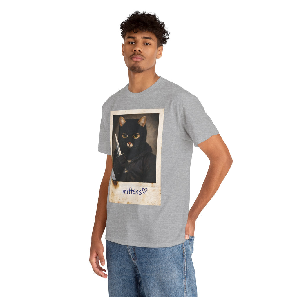 Cat With Knife Tee — "Mittens" Dark Humor Vintage Polaroid Graphic T-Shirt