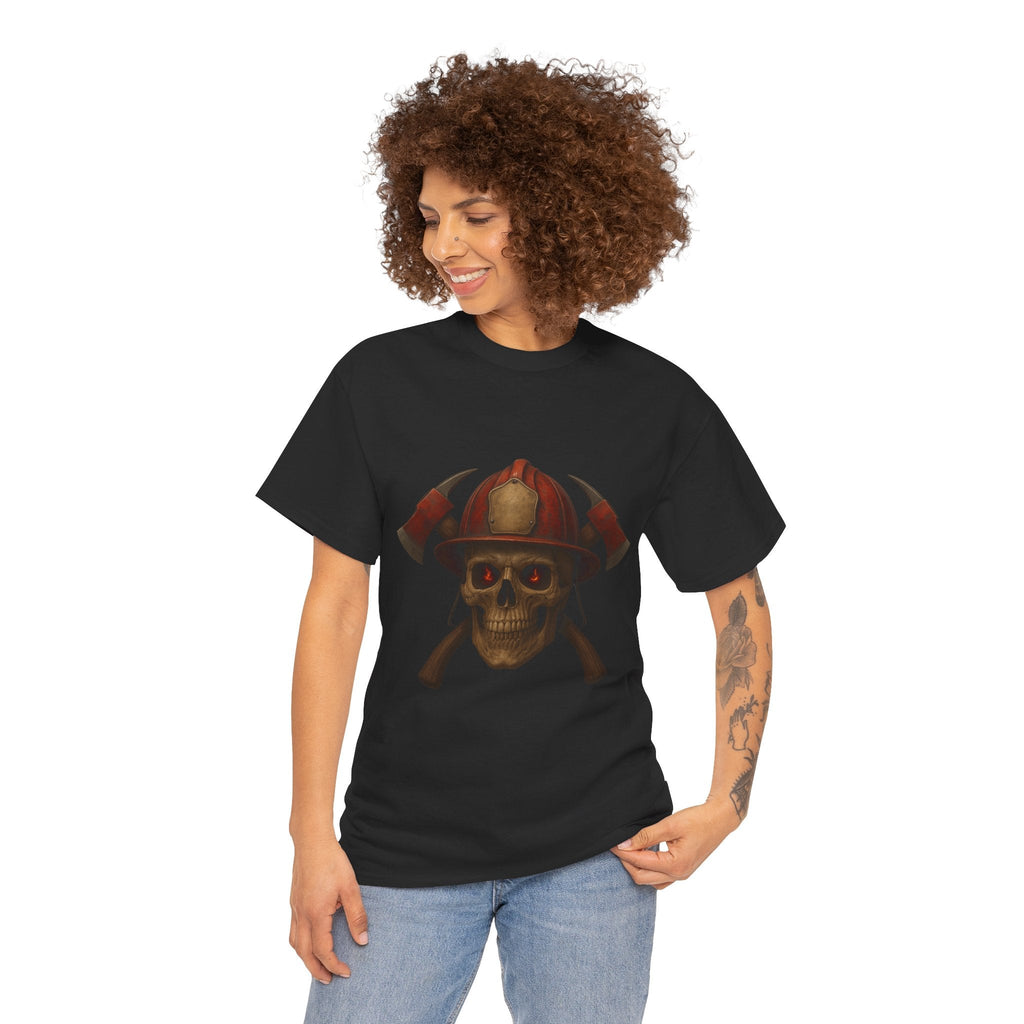 Skull Firefighter Tee, Unisex Heavy Cotton Shirt, Firefighter Gift, Halloween Costume T-Shirt, Unique Graphic Tee, Casual Wear