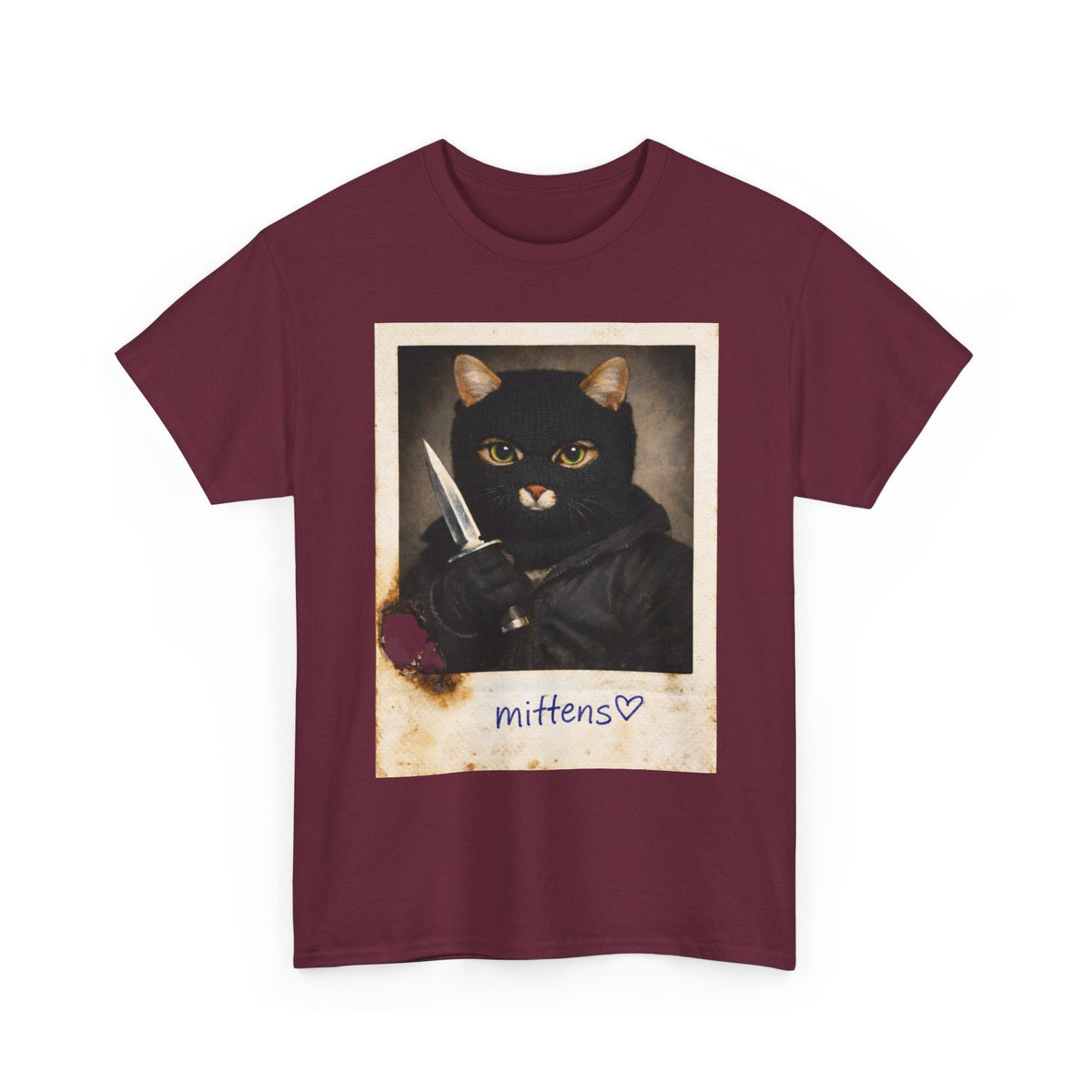 Cat With Knife Tee — "Mittens" Dark Humor Vintage Polaroid Graphic T-Shirt