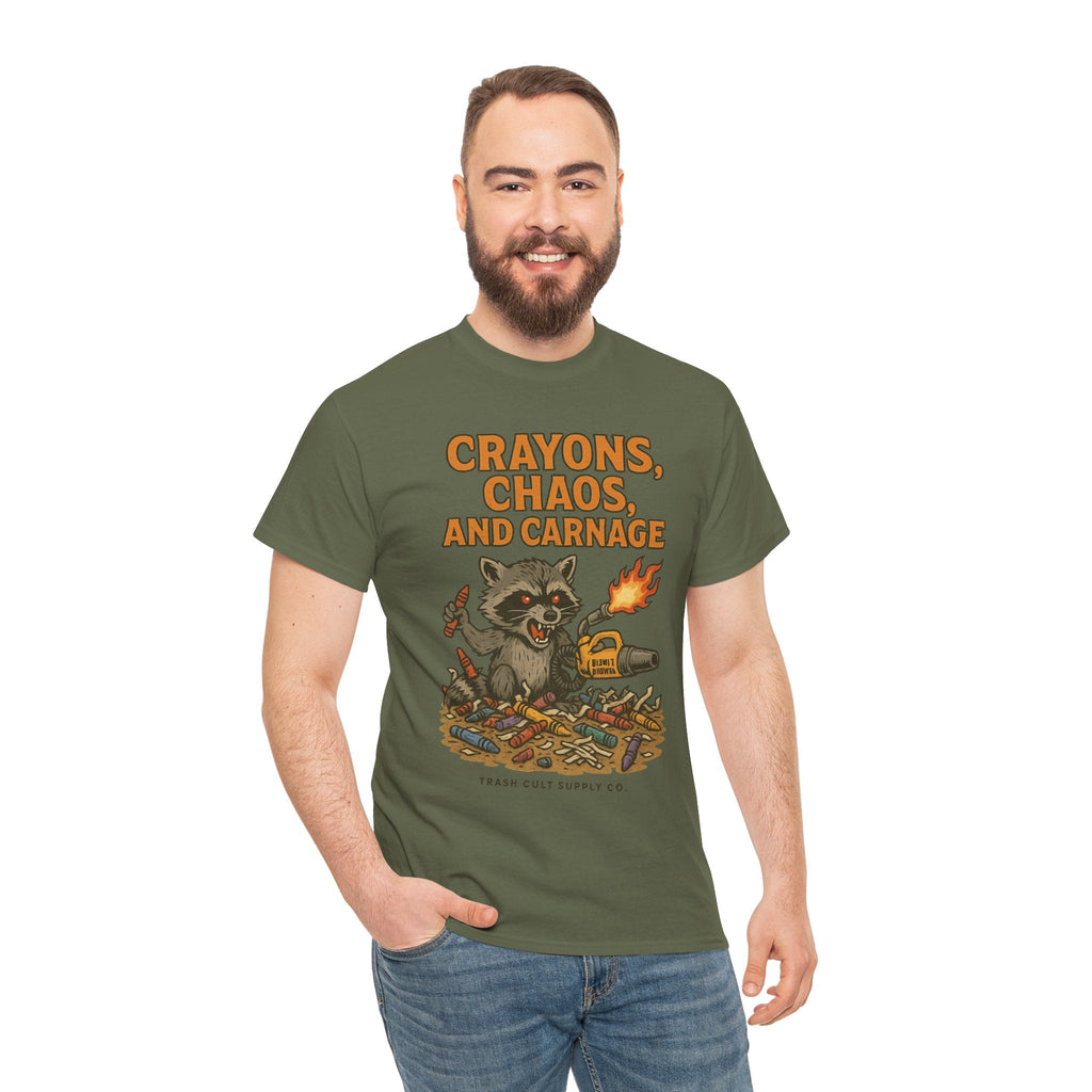 Crayons, Chaos, and Carnage T-Shirt – Dark Humor Raccoon Graphic | Trash Cult Supply Co. | Gildan 5000 Tee