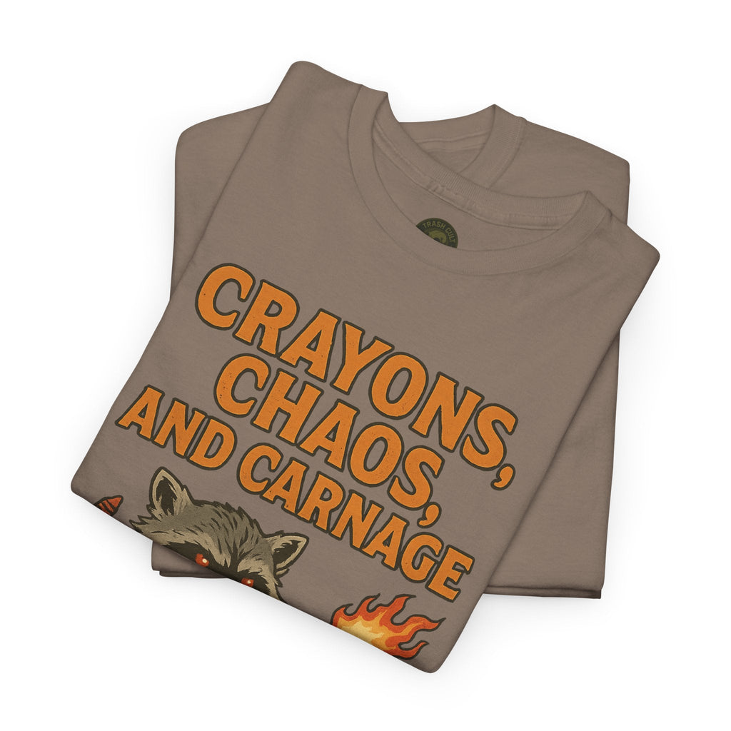Crayons, Chaos, and Carnage T-Shirt – Dark Humor Raccoon Graphic | Trash Cult Supply Co. | Gildan 5000 Tee