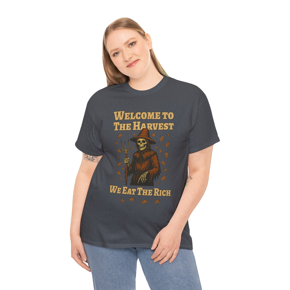 Eat the Rich Shirt – Welcome to the Harvest Skeleton Scarecrow Tee – Fall of Humanity Collection – Trash Cult Supply Co.