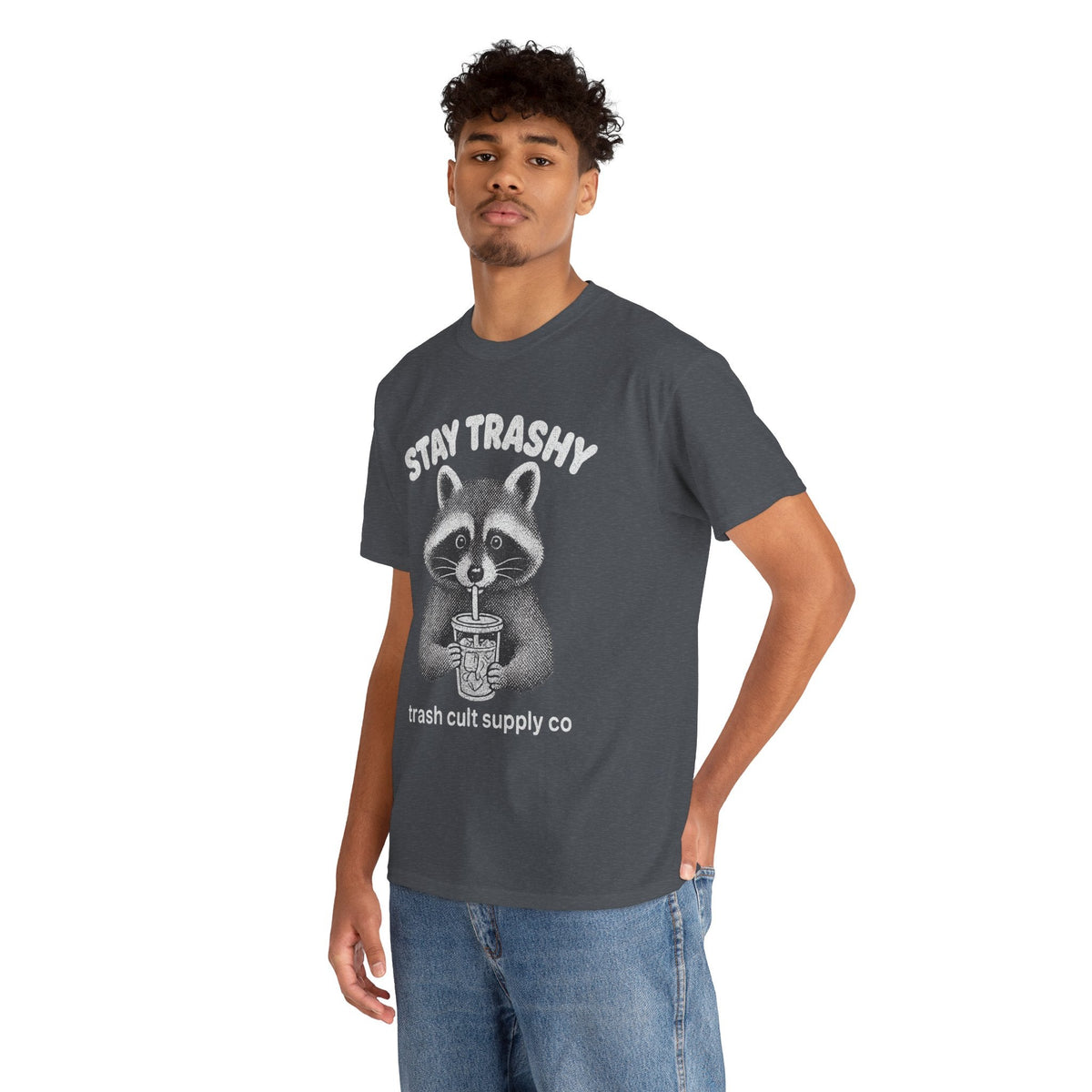Stay Trashy Raccoon Iced Coffee Shirt – Halftone All White Design | Trash Cult Supply Co.