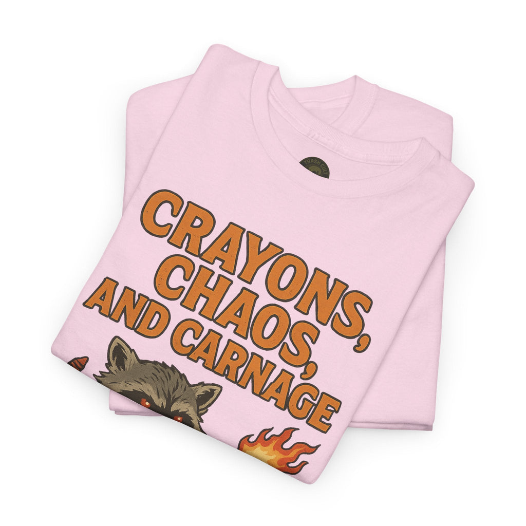 Crayons, Chaos, and Carnage T-Shirt – Dark Humor Raccoon Graphic | Trash Cult Supply Co. | Gildan 5000 Tee
