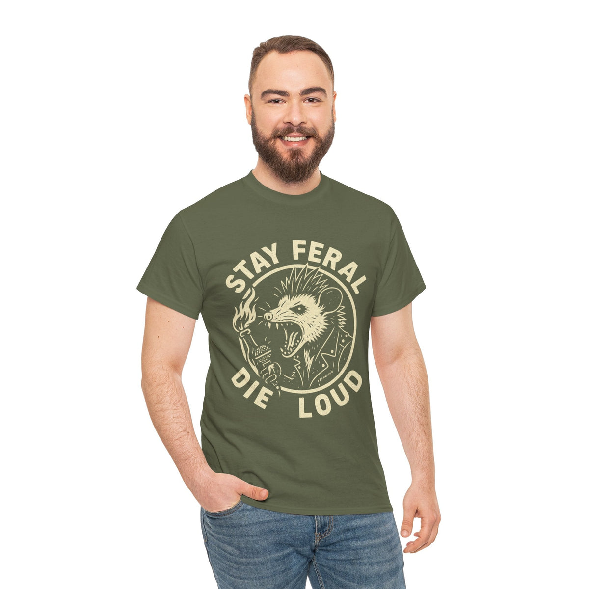 Stay Feral Die Loud Possum Punk Shirt – Trash Cult Supply Co – Gildan 5000 T-Shirt
