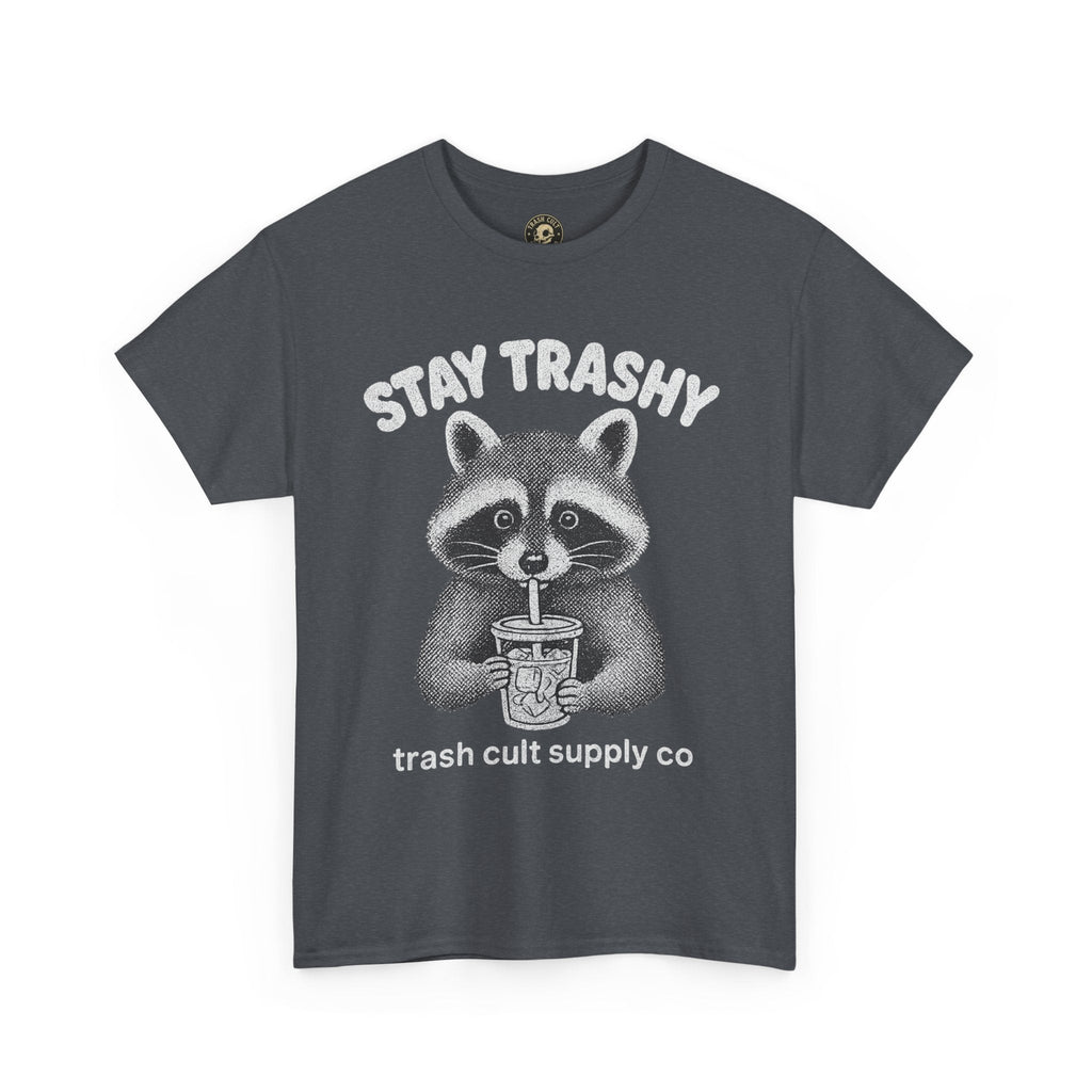 Stay Trashy Raccoon Iced Coffee Shirt – Halftone All White Design | Trash Cult Supply Co.