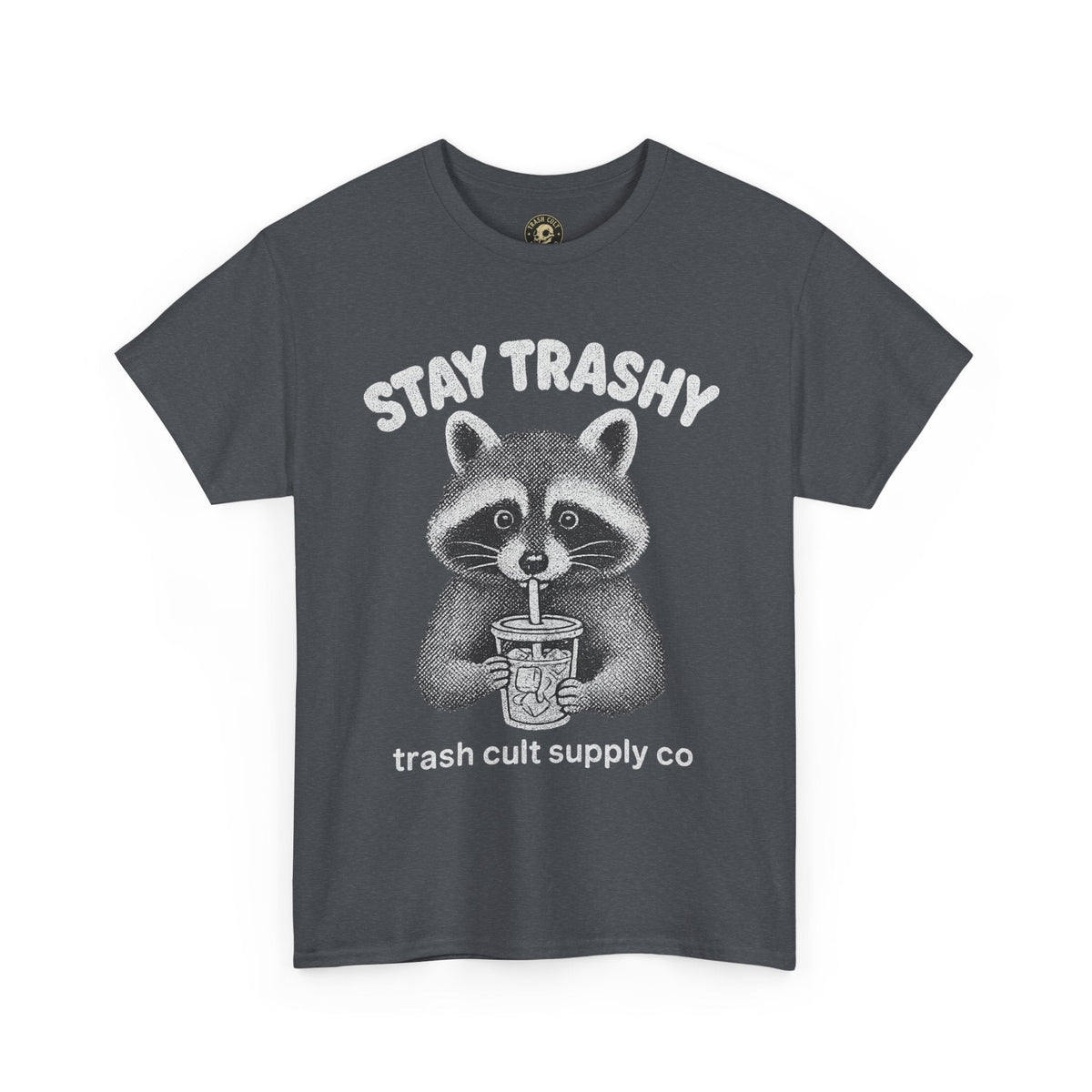 Stay Trashy Raccoon Iced Coffee Shirt – Halftone All White Design | Trash Cult Supply Co.