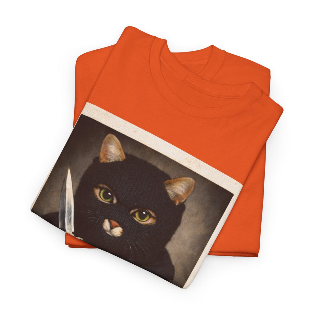 Cat With Knife Tee — "Mittens" Dark Humor Vintage Polaroid Graphic T-Shirt