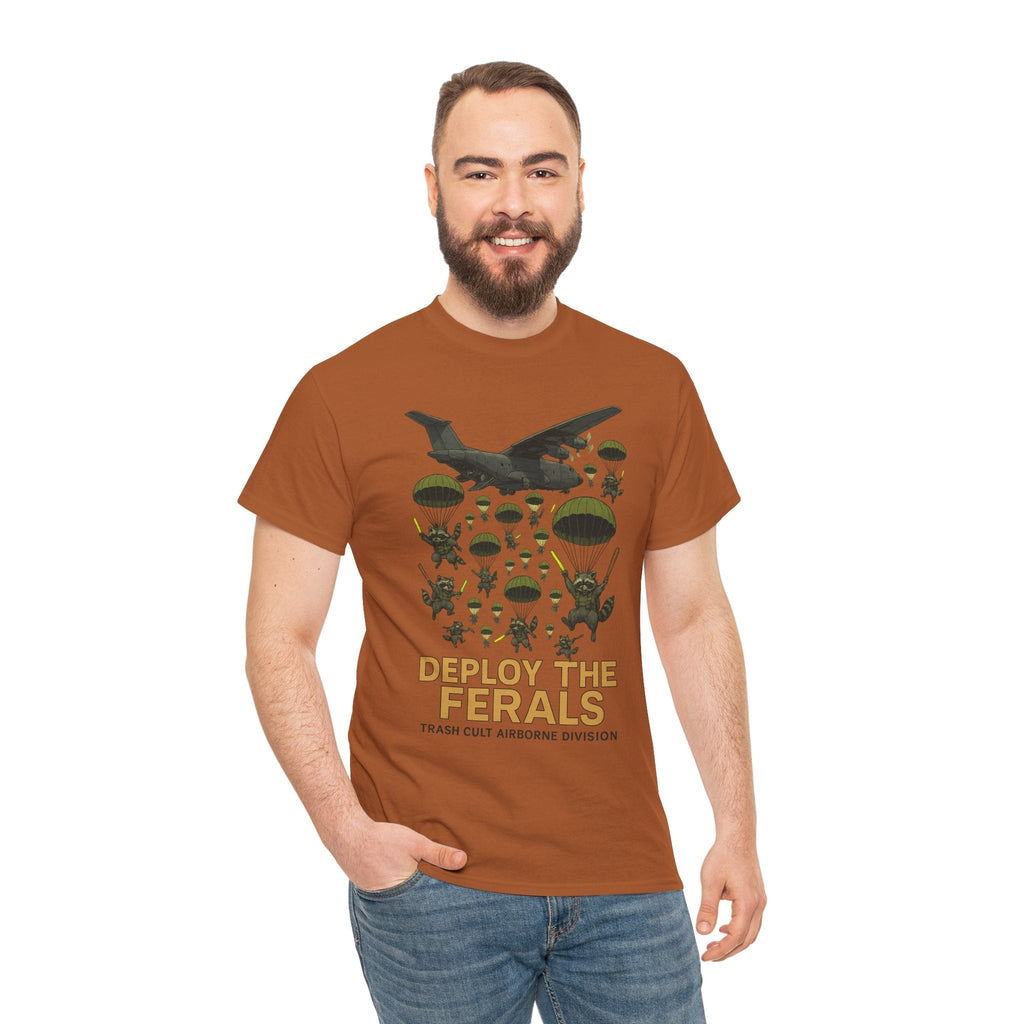Deploy the Ferals T-Shirt – Airborne Raccoon Drop Graphic | Trash Cult Supply Co. | Gildan 5000 Heavy Cotton Tee