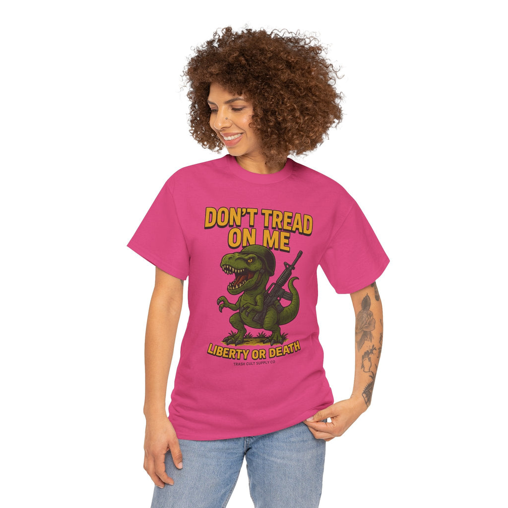 Don’t Tread On Me T-Rex T-Shirt – Liberty or Death Graphic | Trash Cult Supply Co. | Gildan 5000 Heavy Cotton
