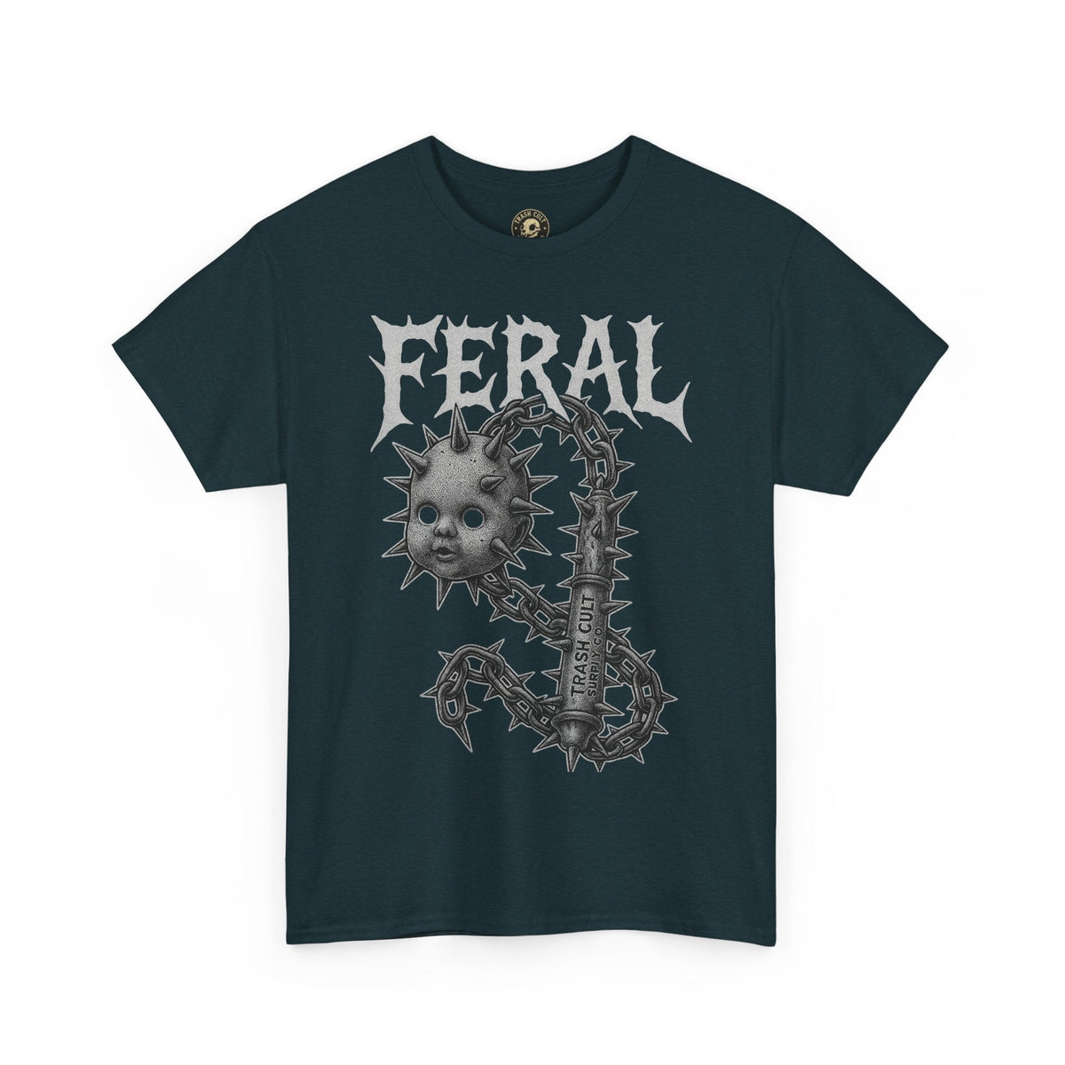FERAL Spiked Doll Flail Tee – Halftone Gothic Weapon Shirt | Trash Cult Supply Co. | Gildan 5000