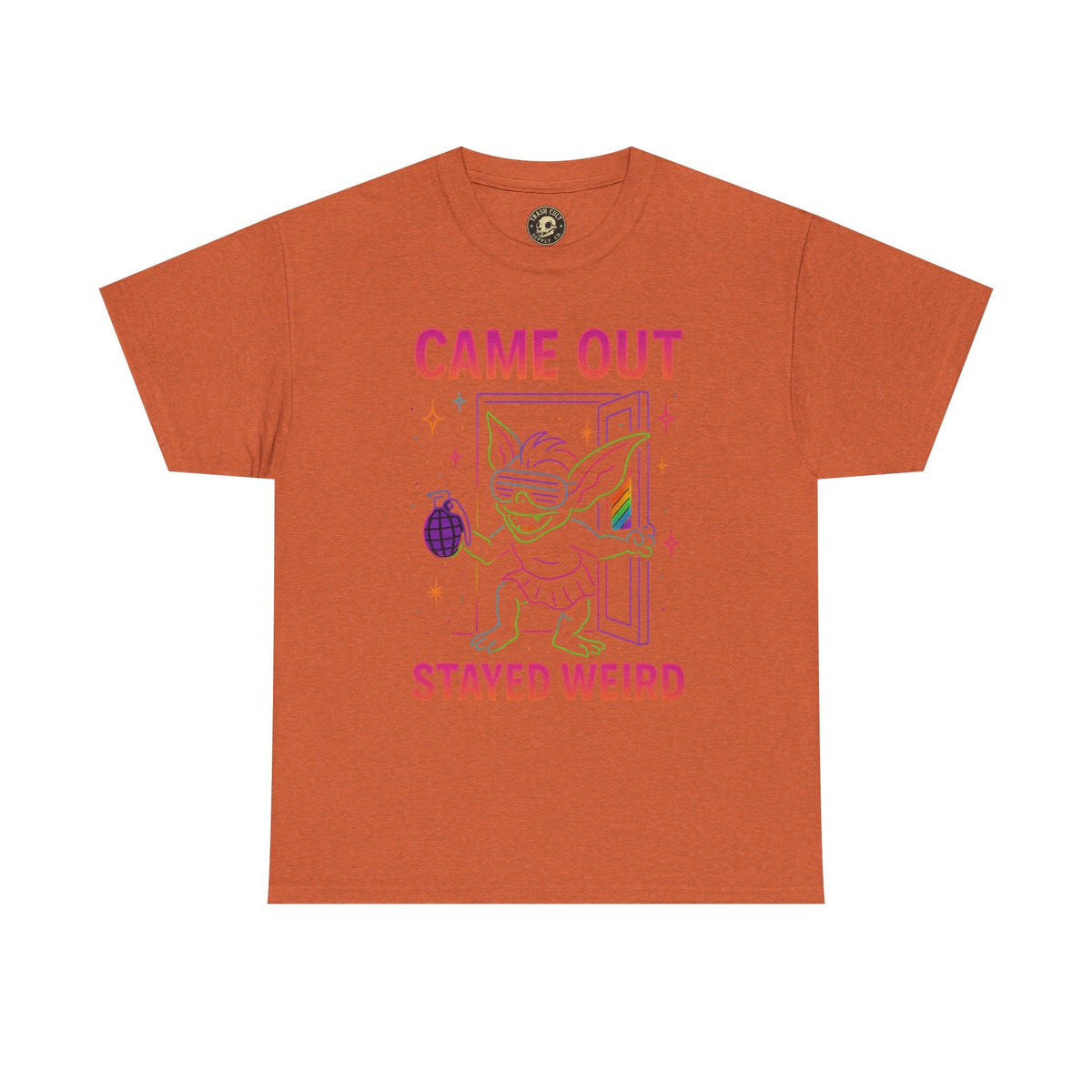 Came Out, Stayed Weird – Neon Gremlin Pride T-Shirt | Gildan Unisex Heavy Cotton Tee | LGBTQ+ Graphic Shirt