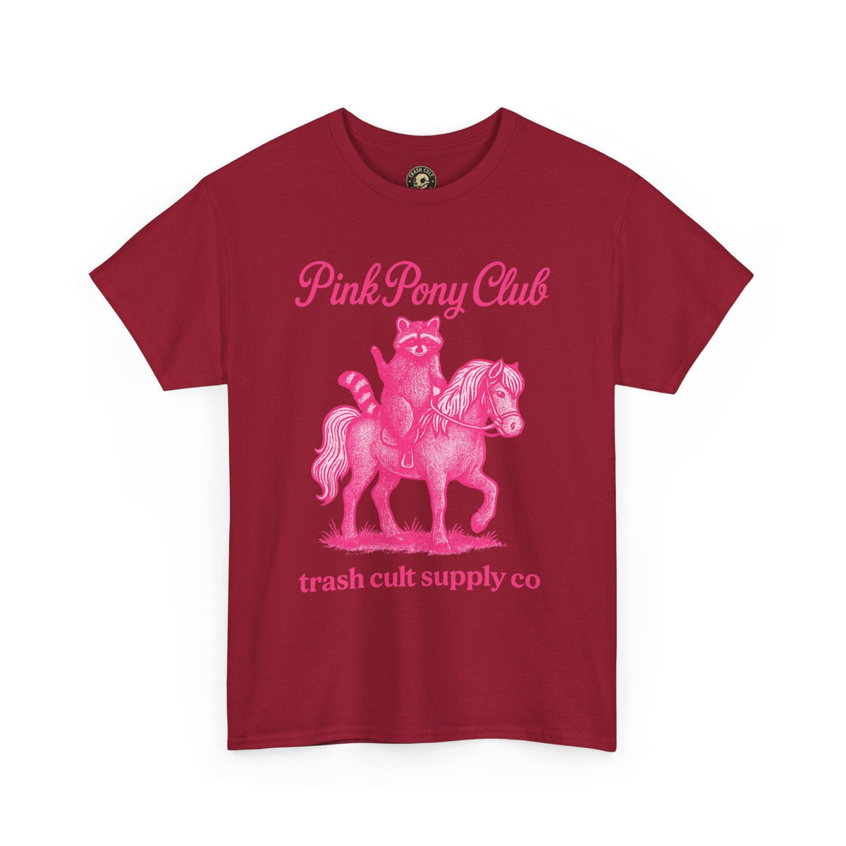 Pink Pony Club Raccoon Riding Pony Shirt – Vintage Hot Pink Halftone Tee by Trash Cult Supply Co