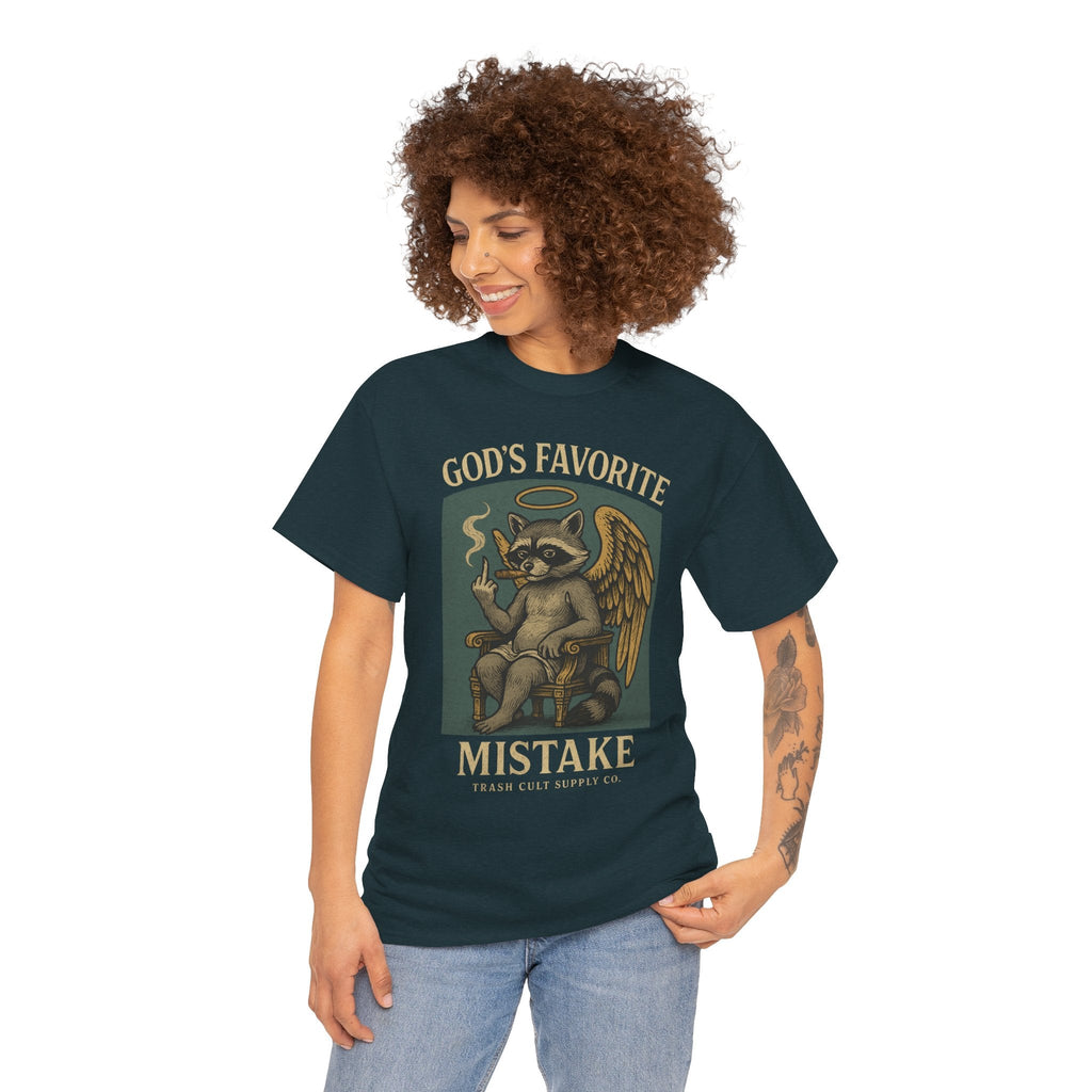 God’s Favorite Mistake Shirt – Raccoon Angel Flipping the Bird by Trash Cult Supply Co.