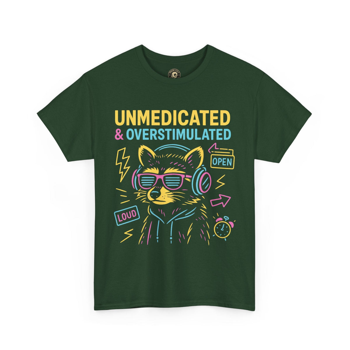 Unmedicated & Overstimulated Neon Raccoon ADHD Shirt – Trash Cult Supply Co. – Gildan 5000