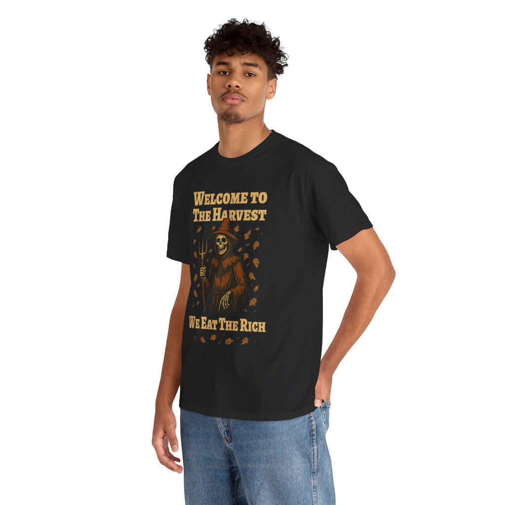 Eat the Rich Shirt – Welcome to the Harvest Skeleton Scarecrow Tee – Fall of Humanity Collection – Trash Cult Supply Co.