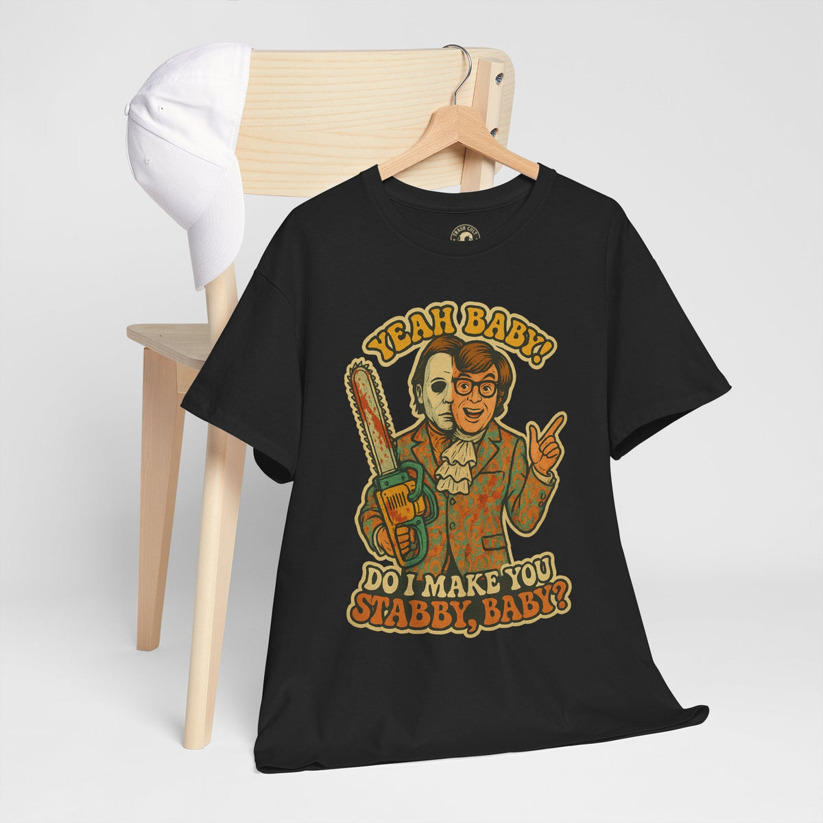 Mike Myers Parody Shirt – “Do I Make You Stabby, Baby?” Funny Horror Mashup Tee – Gildan 5000 Unisex