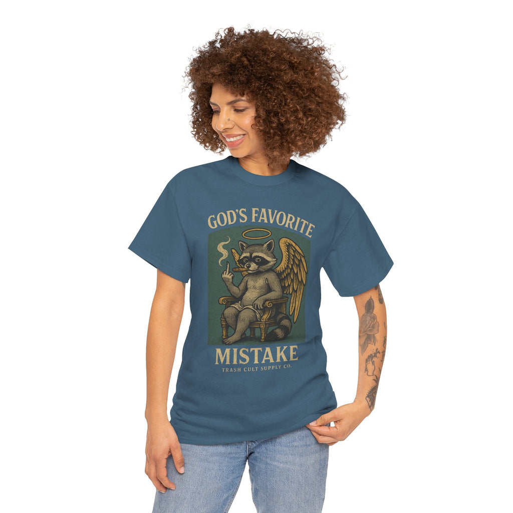 God’s Favorite Mistake Shirt – Raccoon Angel Flipping the Bird by Trash Cult Supply Co.