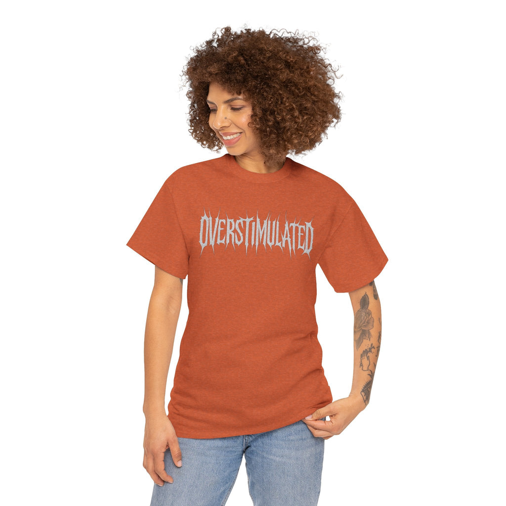 OVERSTIMULATED Metalcore Grunge Shirt – White on Black Distressed Font Tee