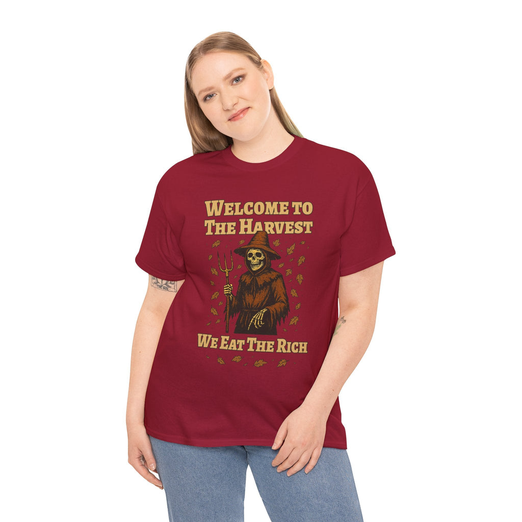Eat the Rich Shirt – Welcome to the Harvest Skeleton Scarecrow Tee – Fall of Humanity Collection – Trash Cult Supply Co.