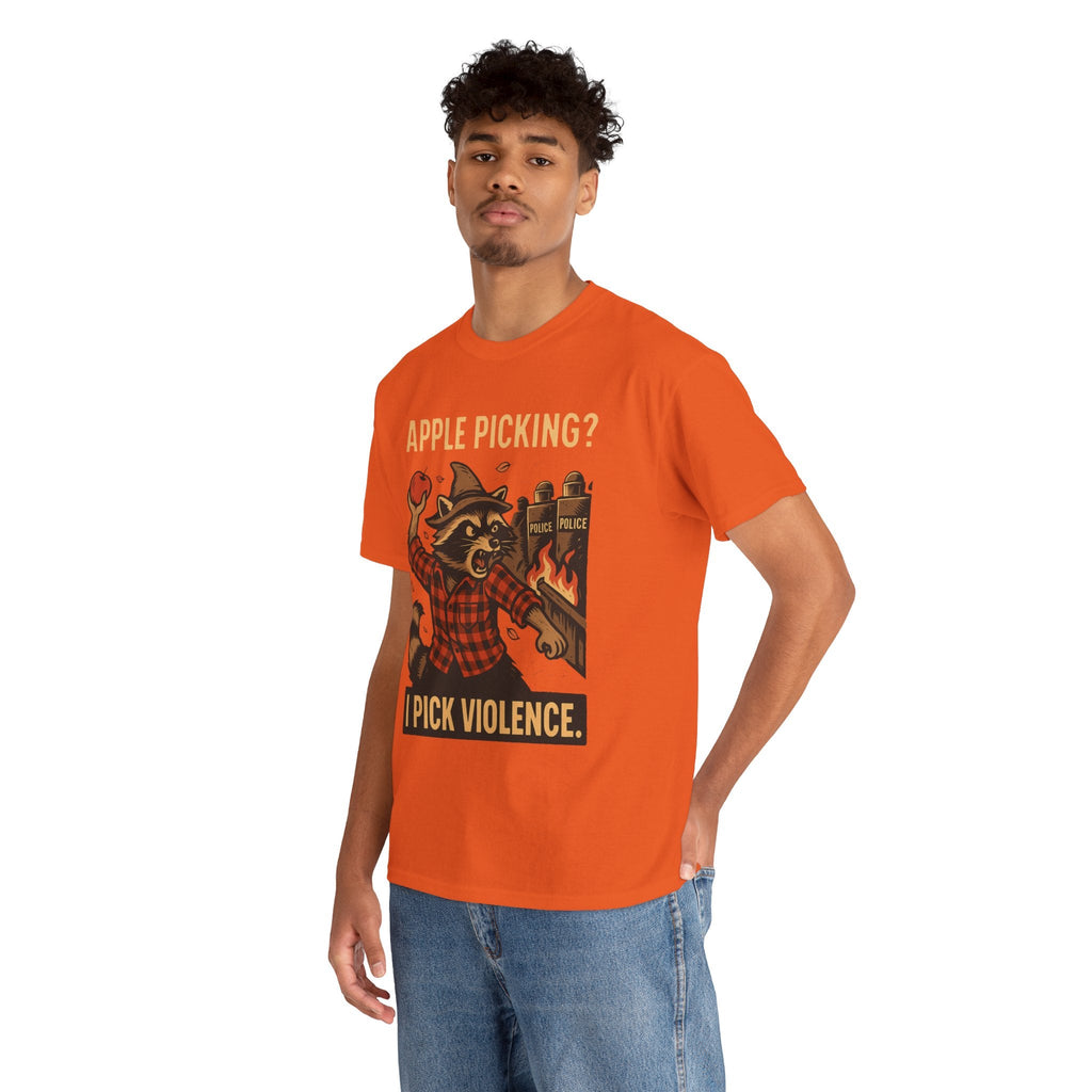 Apple Picking? I Pick Violence Shirt – Angry Raccoon Riot Tee – Fall of Humanity Collection – Trash Cult Supply Co.