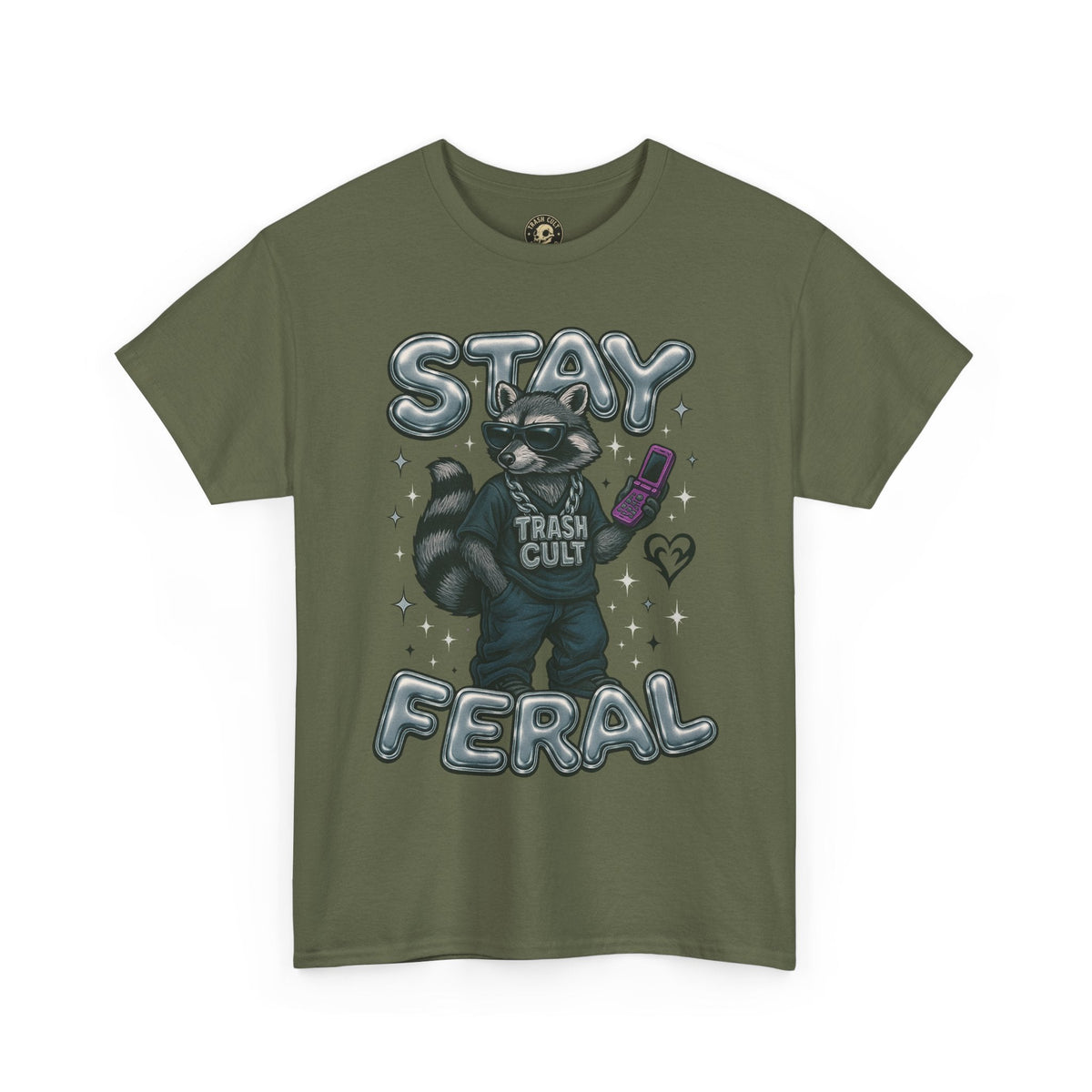 Stay Feral Chrome Raccoon Tee – Y2K Streetwear Trash Cult Shirt