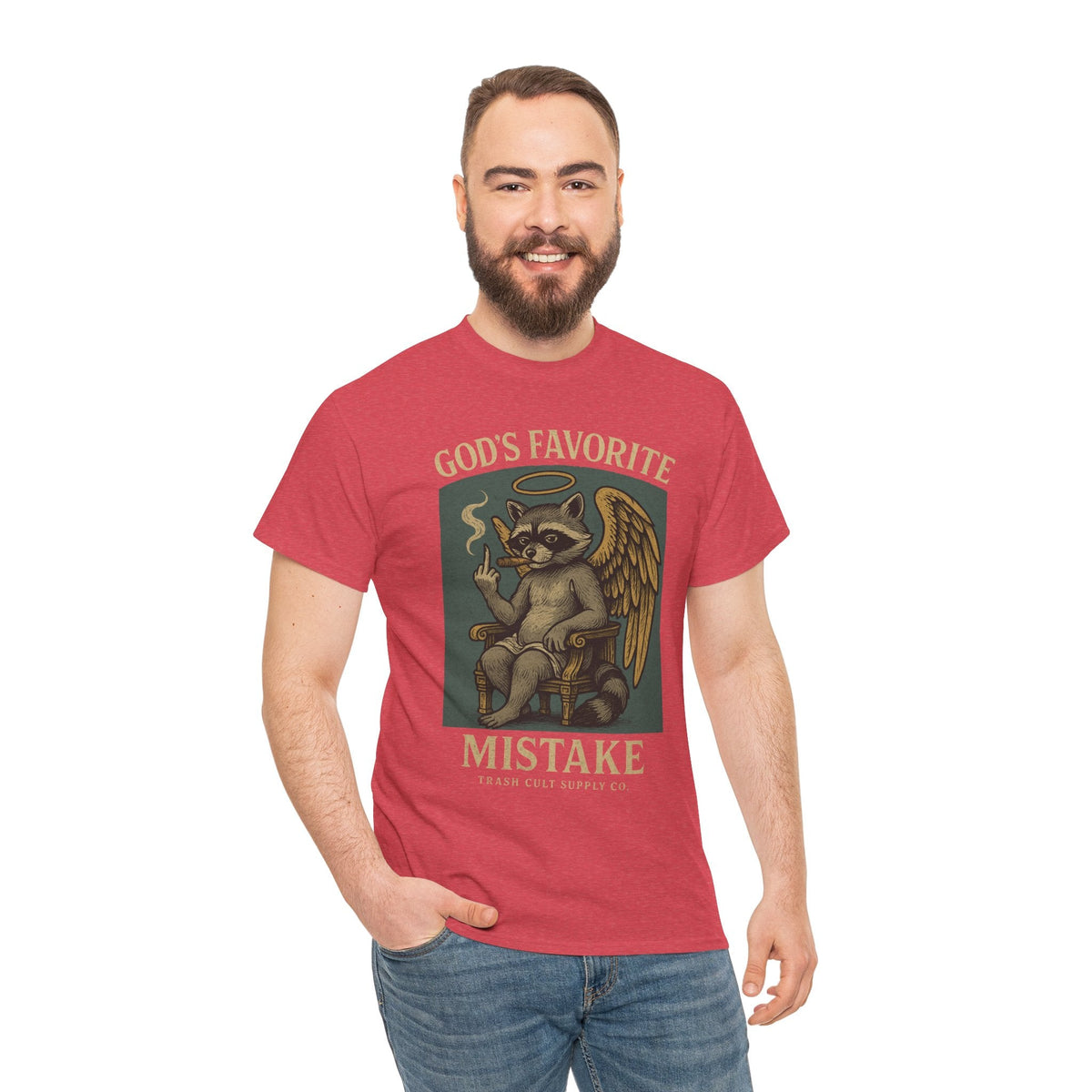 God’s Favorite Mistake Shirt – Raccoon Angel Flipping the Bird by Trash Cult Supply Co.