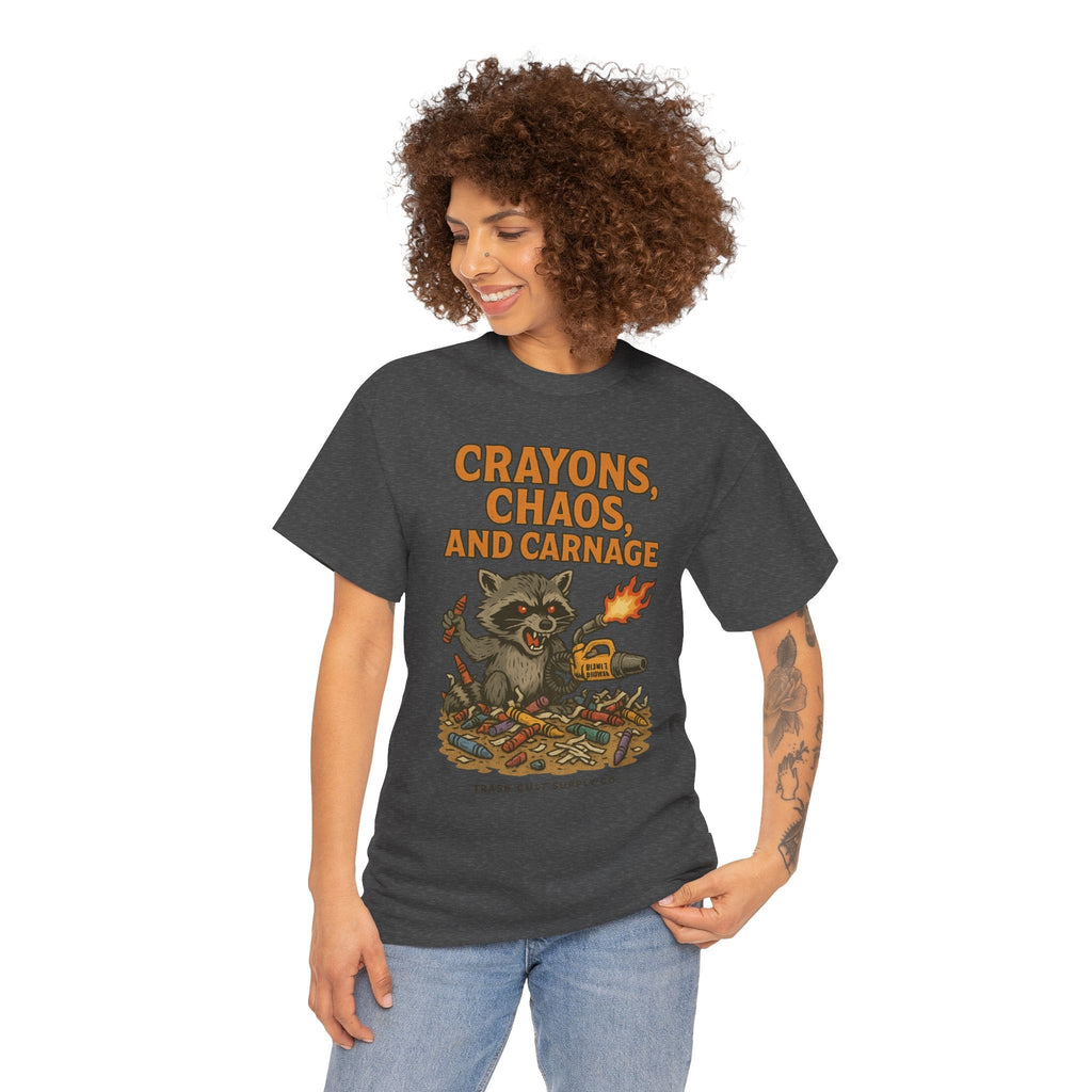 Crayons, Chaos, and Carnage T-Shirt – Dark Humor Raccoon Graphic | Trash Cult Supply Co. | Gildan 5000 Tee