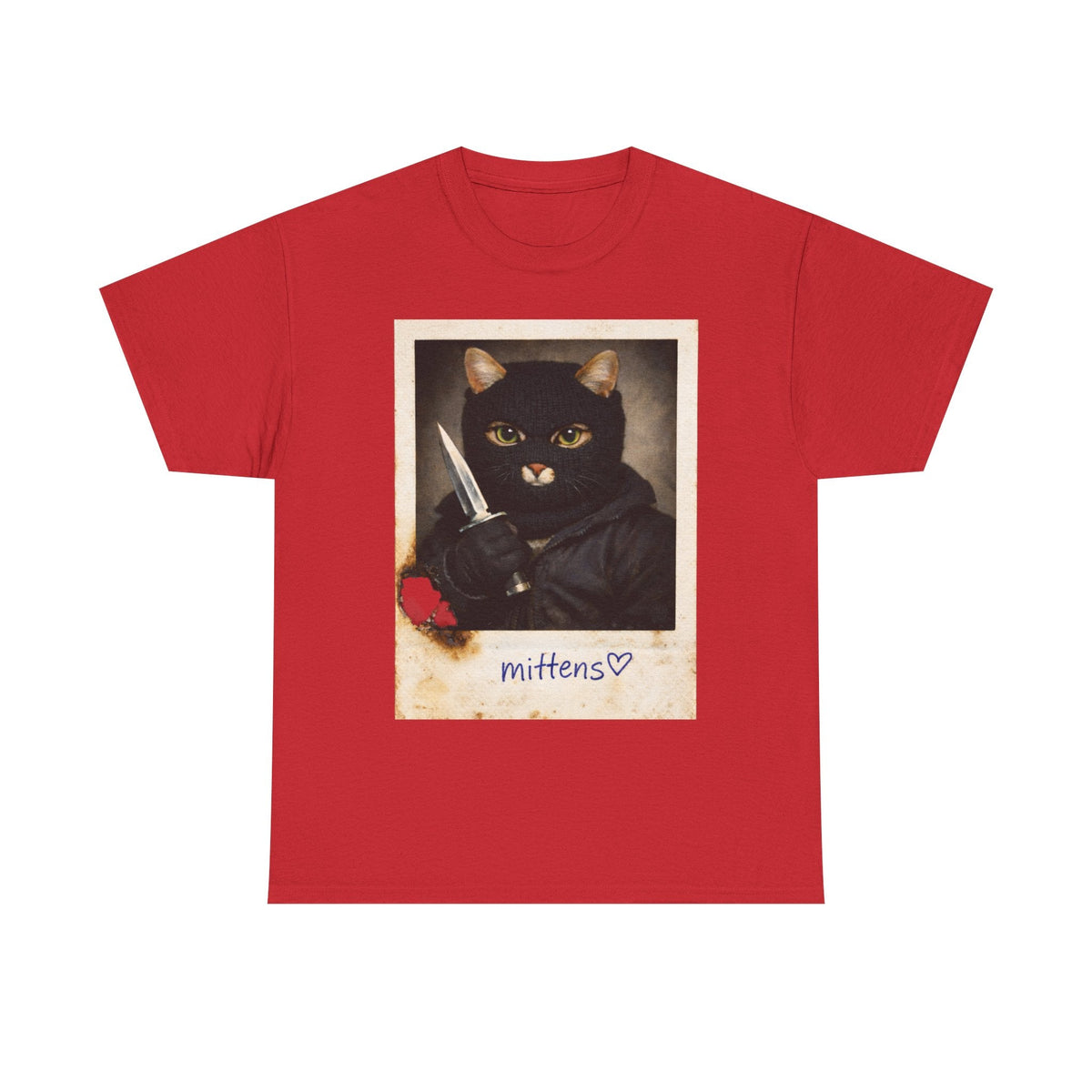 Cat With Knife Tee — "Mittens" Dark Humor Vintage Polaroid Graphic T-Shirt