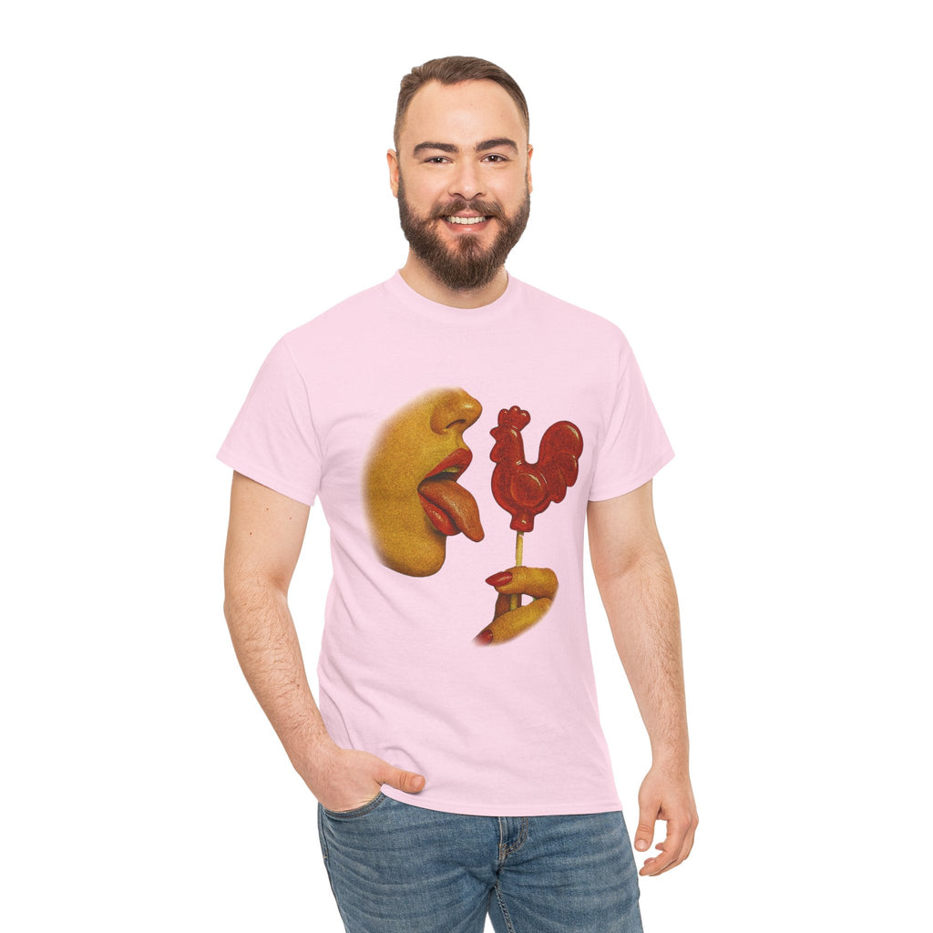 Bold Retro Halftone Tease – Red Rooster Lollipop Graphic Tee
